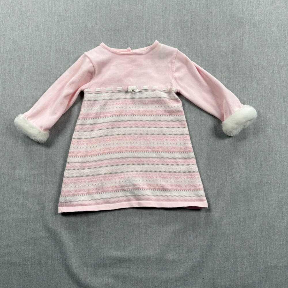 Janie and Jack Pink Striped Fair Isle Sweater Dress Faux Fur Cuffs 6-12 Months